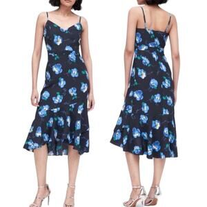 Banana Republic Navy Floral Sheath Flounce Dress Ruffle Slight High Low Hemline